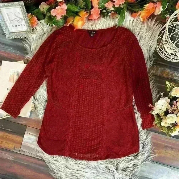 Lucky Brand Boho Peasant Crochet Lace Red 3/4 Sleeve Top, M - Picture 6 of 10